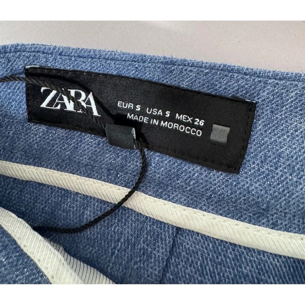 Zara Trousers sz S Blue Metallic Linen Blend‎ High Waist Straight Leg